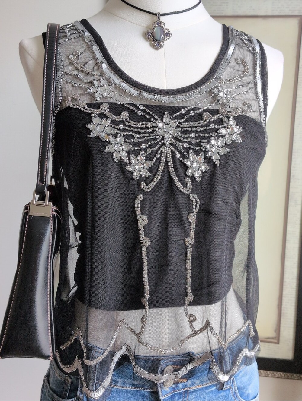 Rue21 Y2K Black Sheer Beaded Sequin Mesh Tank Top Fairy Grunge Medium